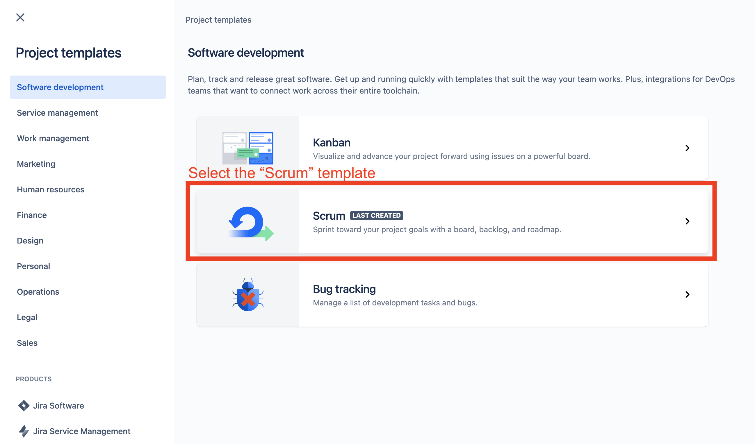 Selecting a project template