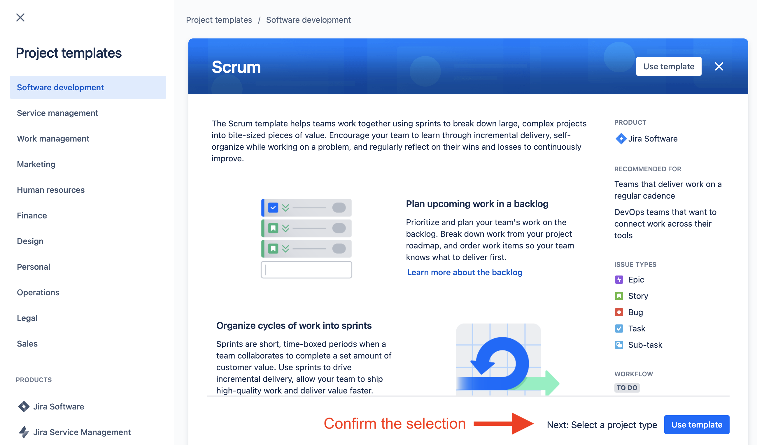 Confirm the template selection