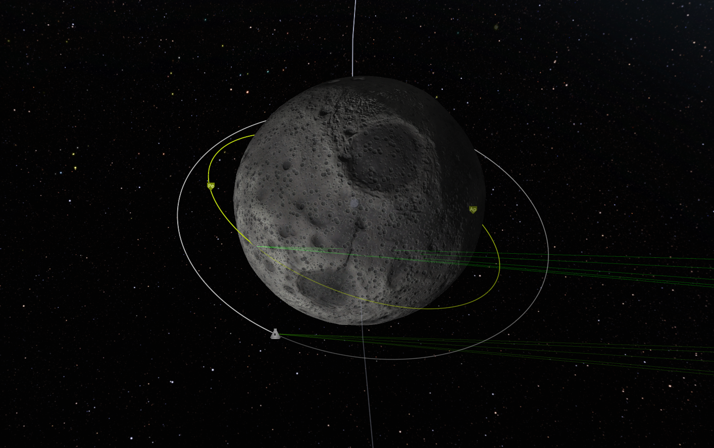 Orbital paths around the Mun showing both MPO-1 orbiter and docked MG-1/MG-2 lunar station modules.