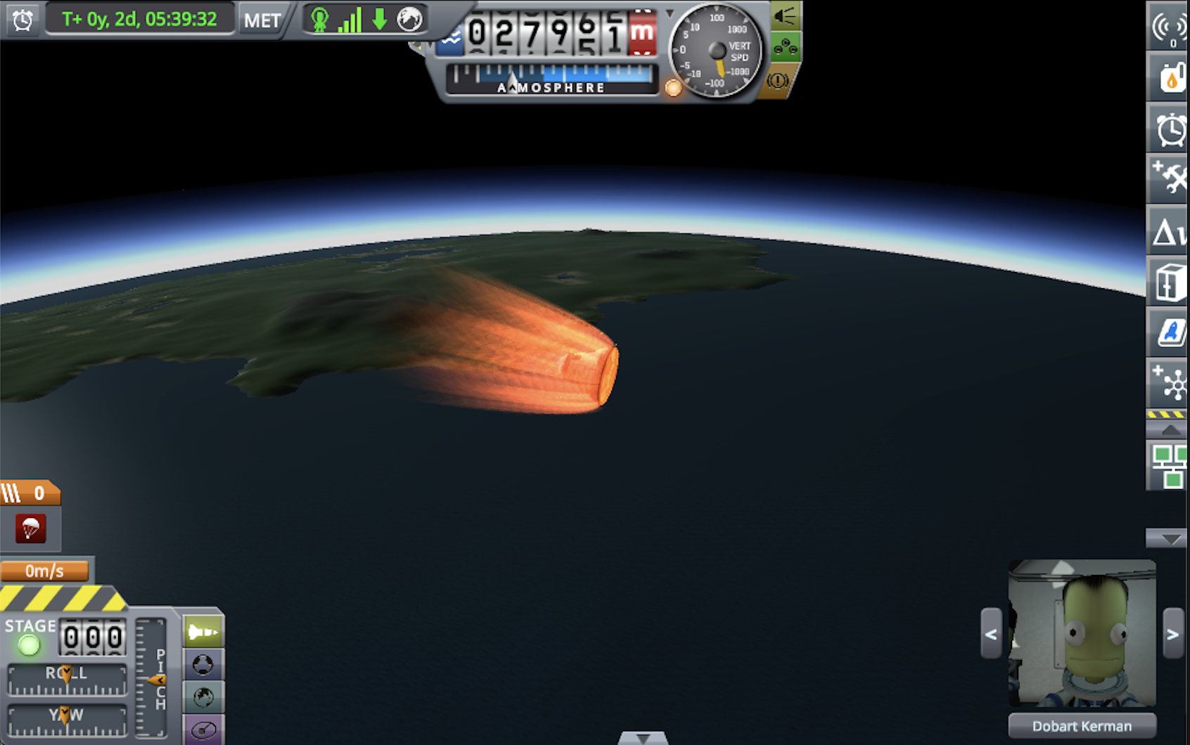 Reentry into Kerbin's atmosphere.